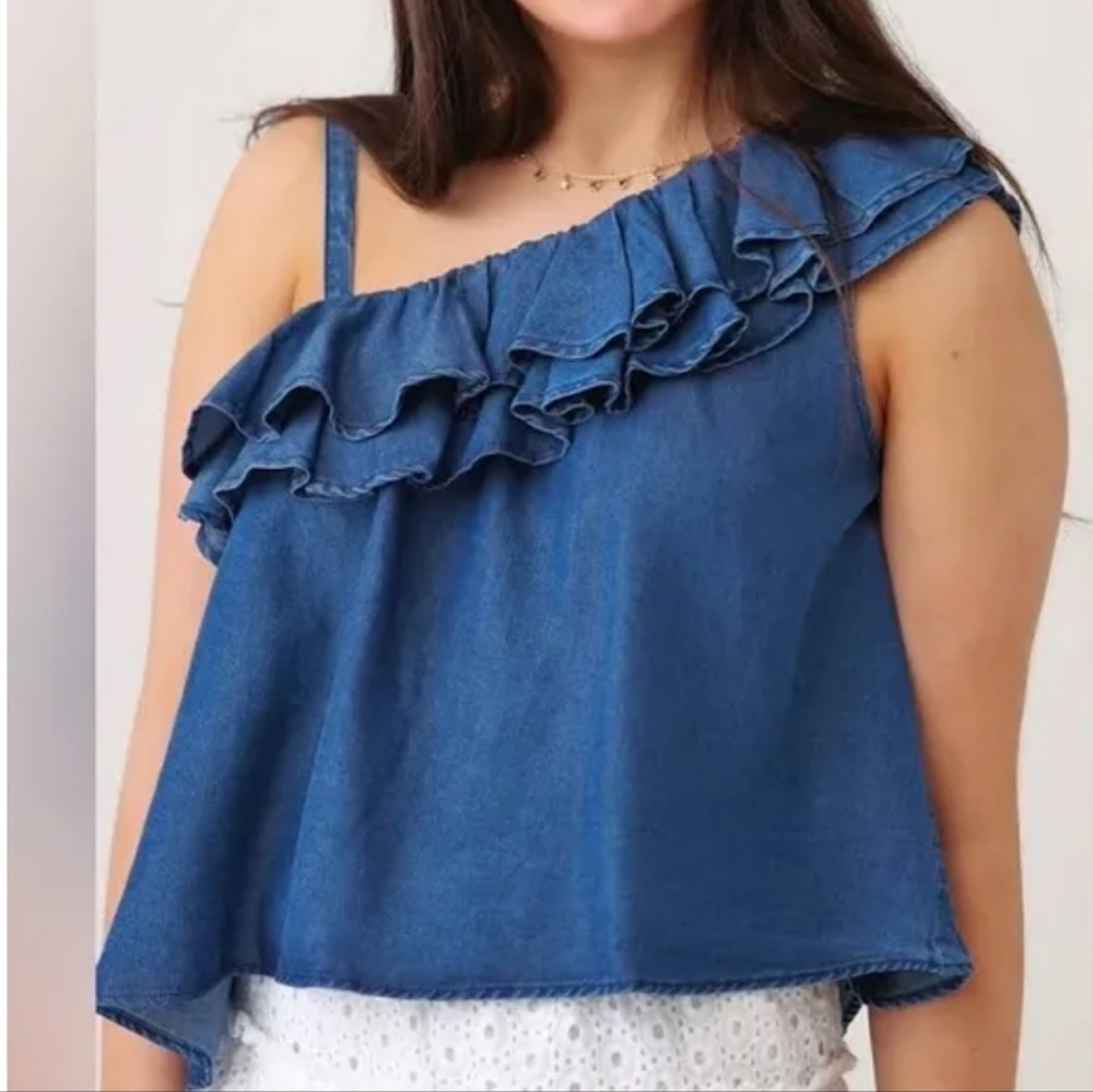 Habitual Girl Denim Ruffle Asymmetrical Top Shirt Various Sizes